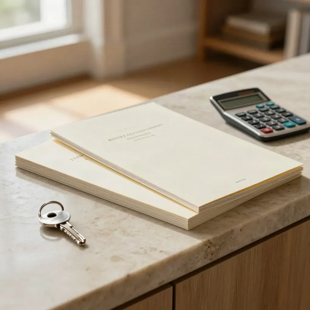 Sealed policy folios, key ring, and calculator on a stone entry console in warm window light.