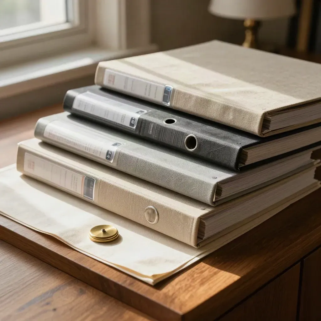 Overhead flat lay of four insurance cover binders, acrylic divider and brass paperweight on linen.