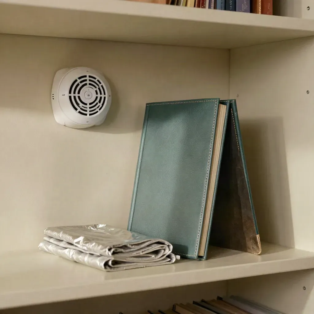 Smoke alarm, door wedge, thermal blanket, and folio on a pale shelf in dramatic side light.