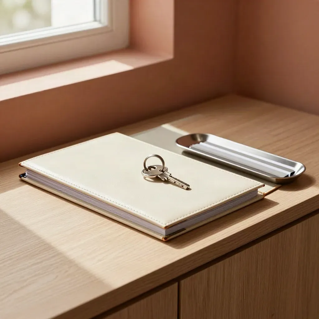 Sunlit insurance plan folios with keys and a silver budget tray on a warm oak sideboard.