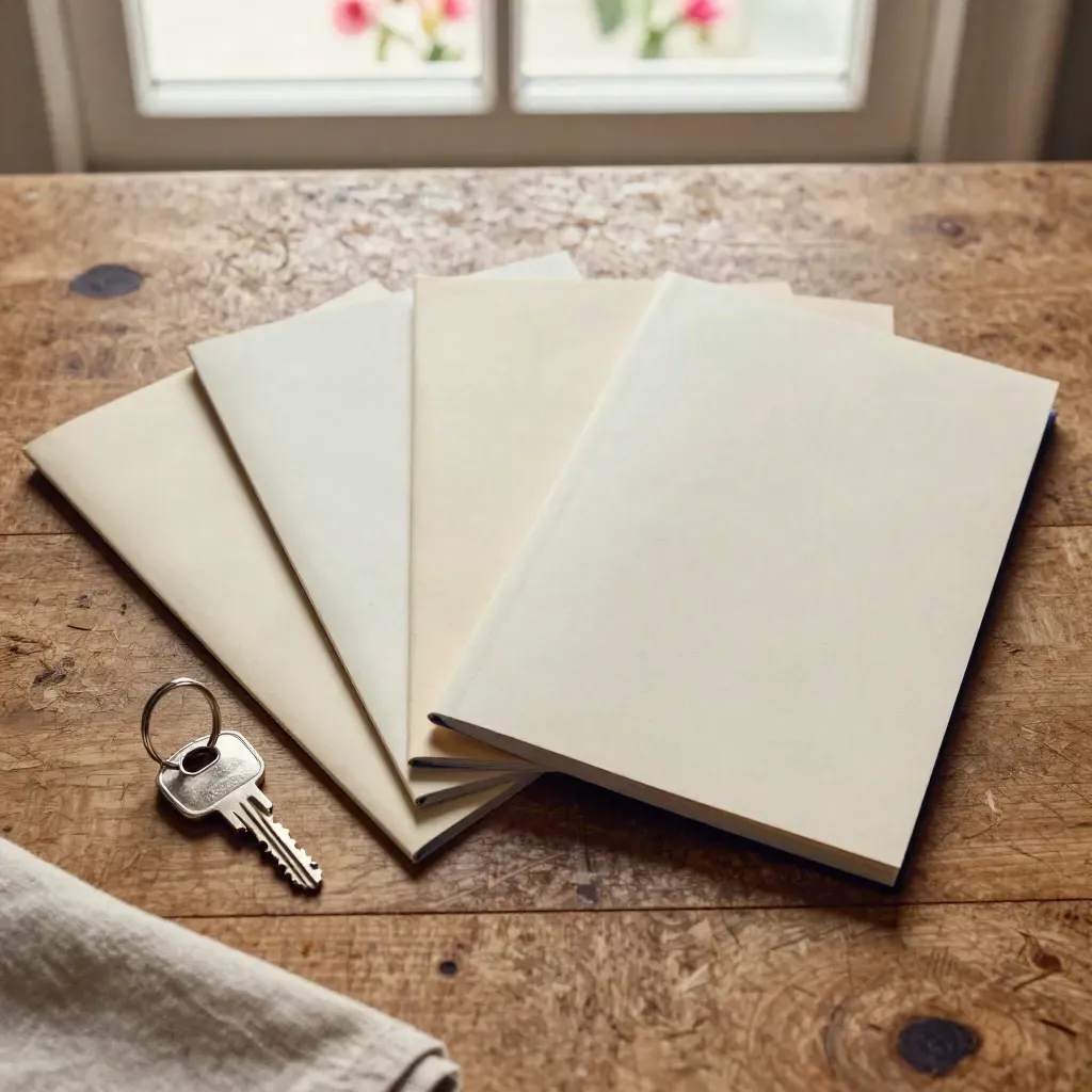Six insurance folios and a house key on a Cork kitchen table in bright window light.