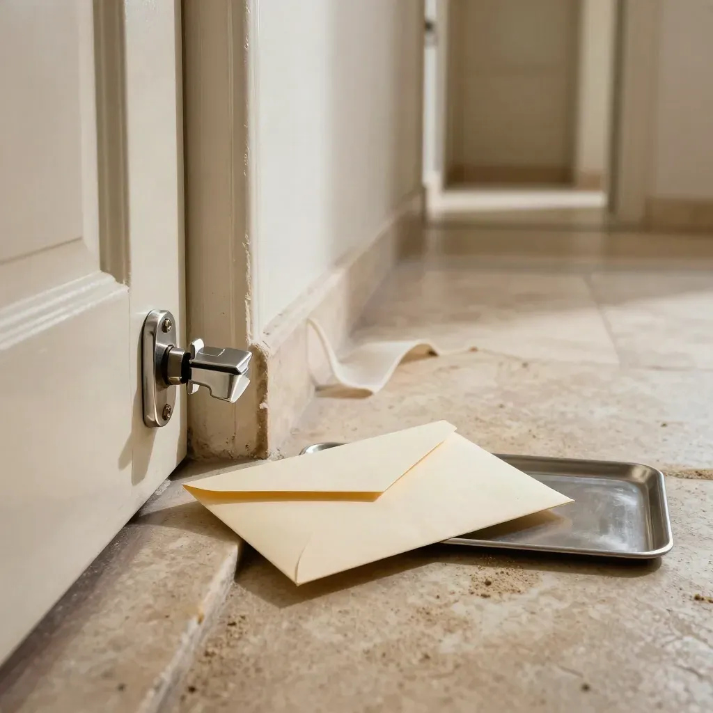 Lisbon hallway with drying mat, repaired latch, and claim envelope on a ledge in soft morning light.