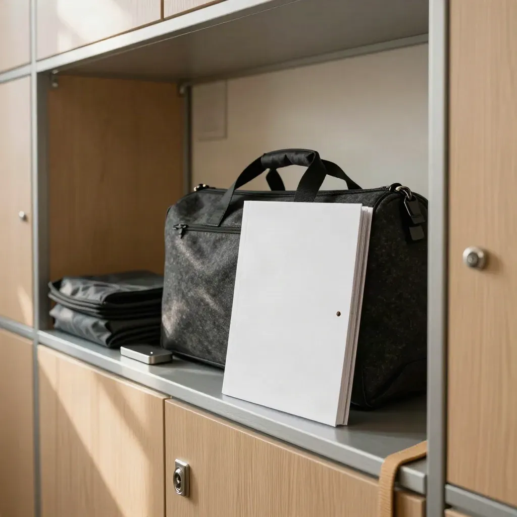 Open office locker with laptop sleeves, travel bags and a white insurance binder in warm daylight.