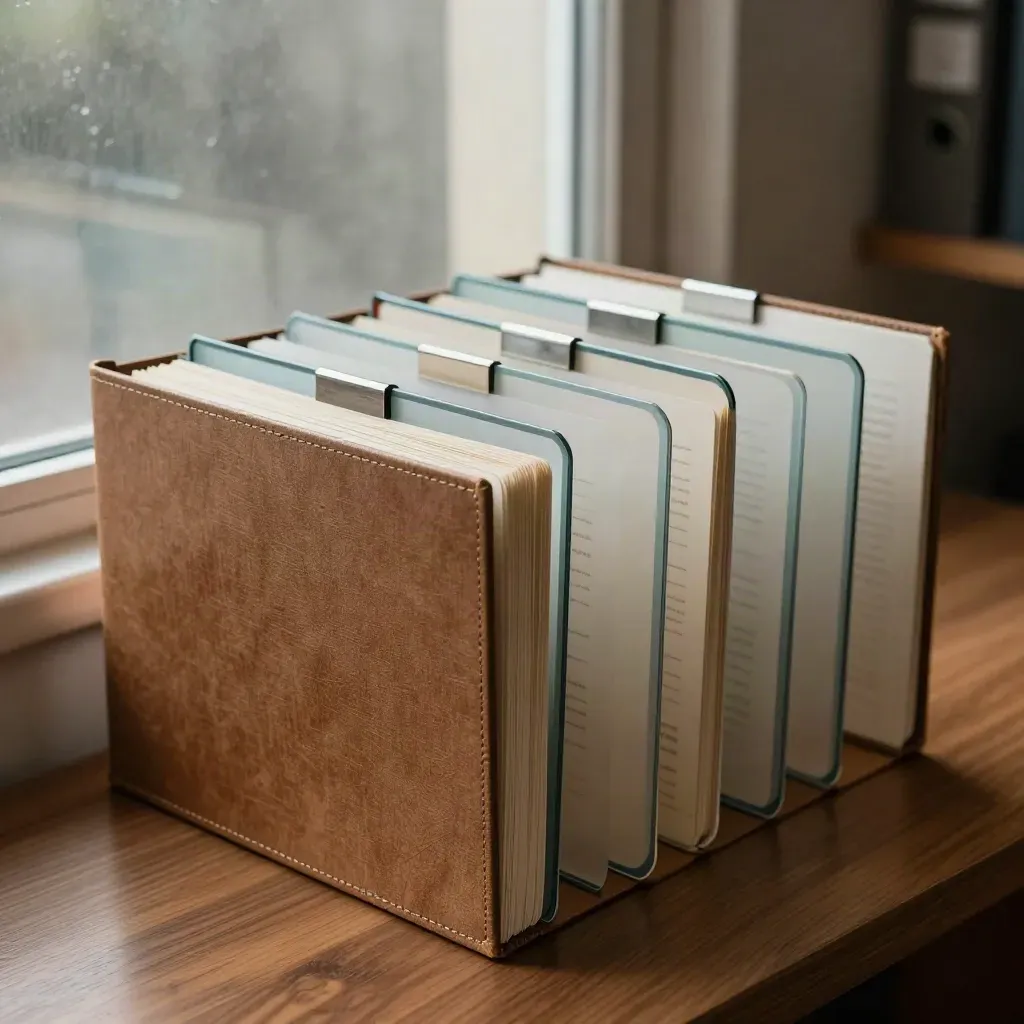 Comparison folders, translucent dividers and a matte clip on a walnut bench under dramatic raking light.