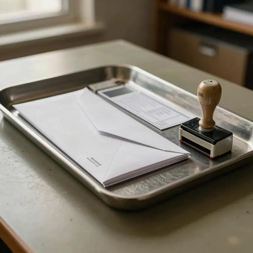 Silver claims tray with envelope sleeve, receipt holder, and desk stamp on a worn counter.