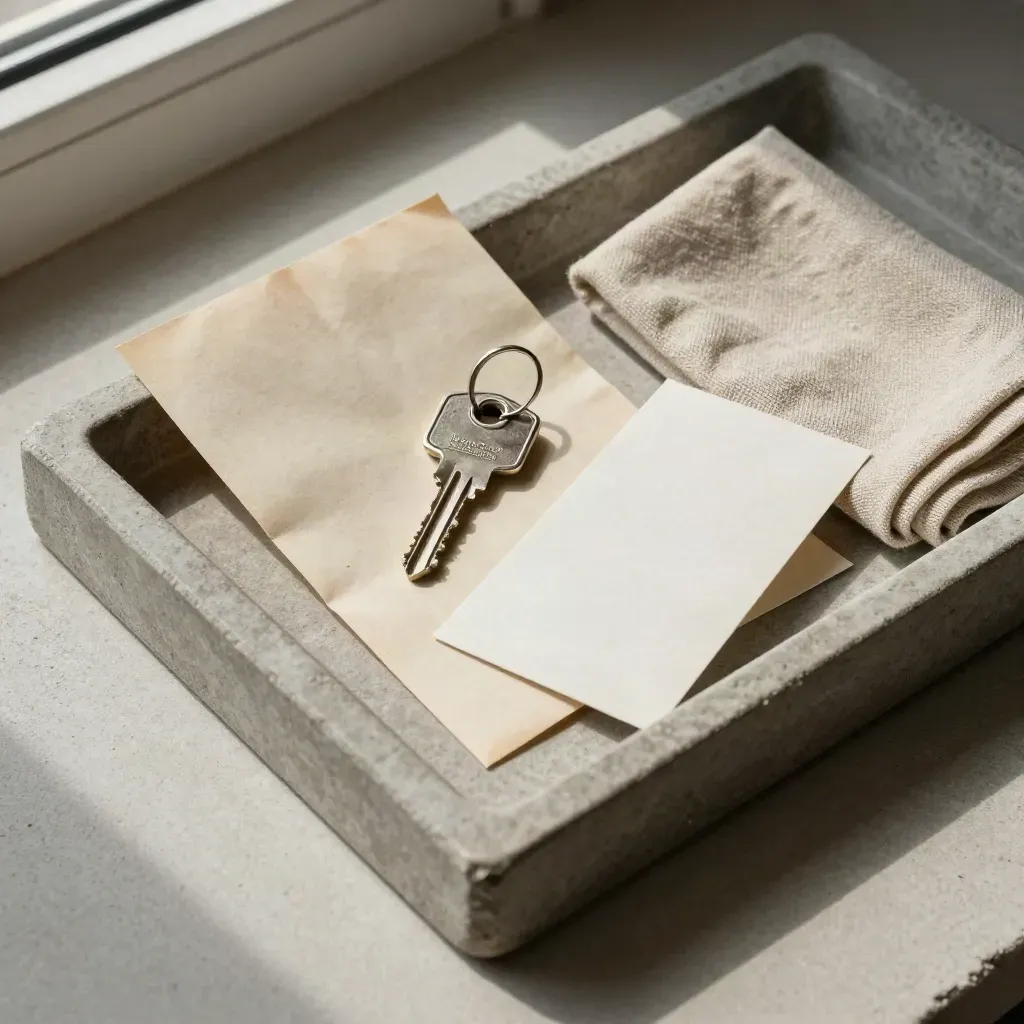 Overhead stone tray with a folded packet, steel house key, blank card sleeve, and soft cloth in calm light.