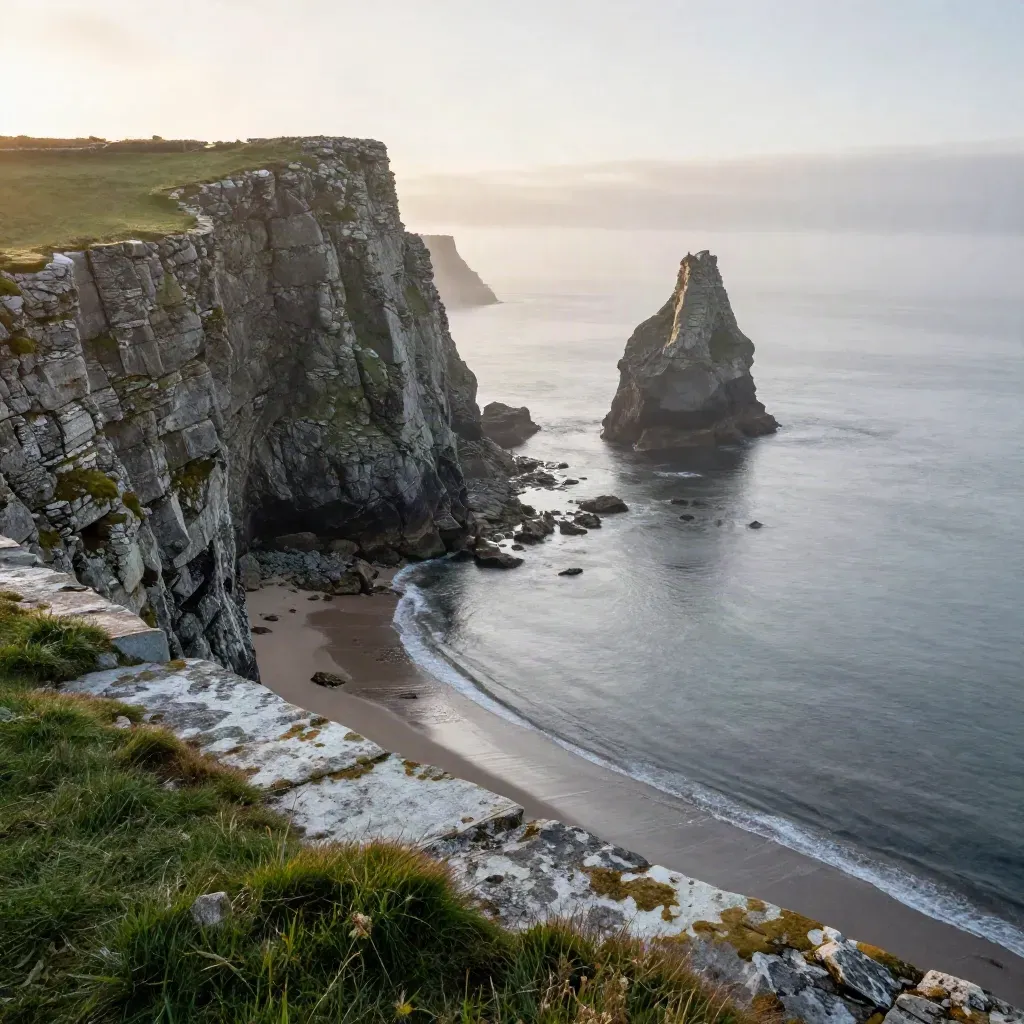 Ireland coastline at sunrise with sea stack, limestone cliffs, and misty grass foreground.