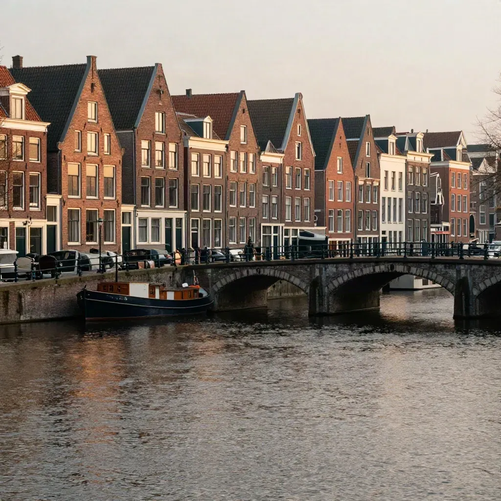 Warm haze over Benelux canal cityscape with gables, bridge, and quiet water.